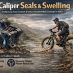 Cyclist riding through water with a brake caliper illustration explaining caliper seals and swelling in bicycle braking systems.