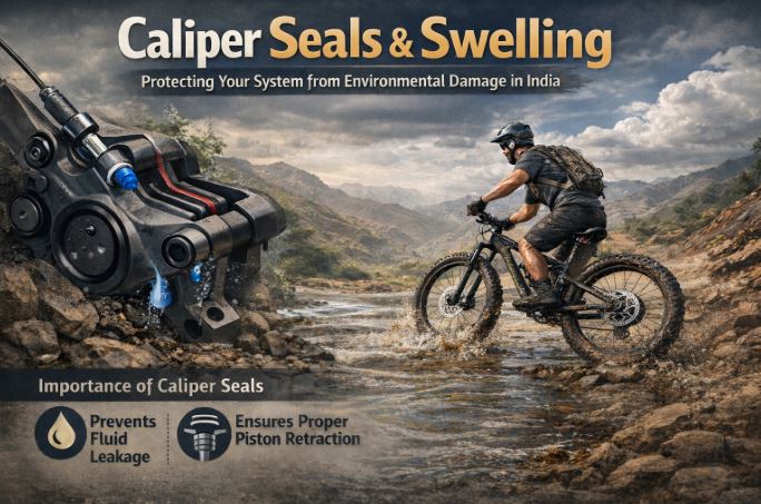 Cyclist riding through water with a brake caliper illustration explaining caliper seals and swelling in bicycle braking systems.