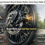 Cyclists demonstrating proper and improper bicycle braking techniques with a close-up of a disc brake system highlighting brake myths and safe riding practices