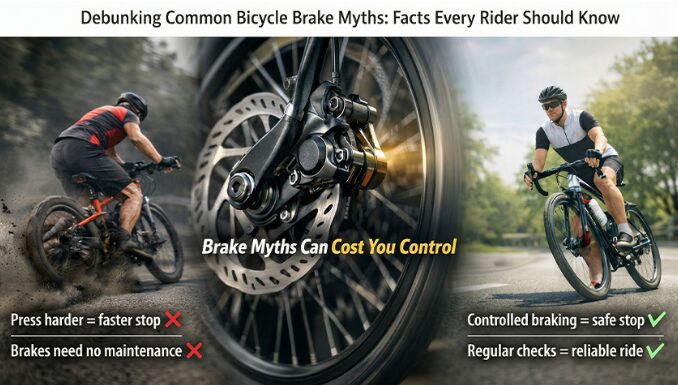Cyclists demonstrating proper and improper bicycle braking techniques with a close-up of a disc brake system highlighting brake myths and safe riding practices